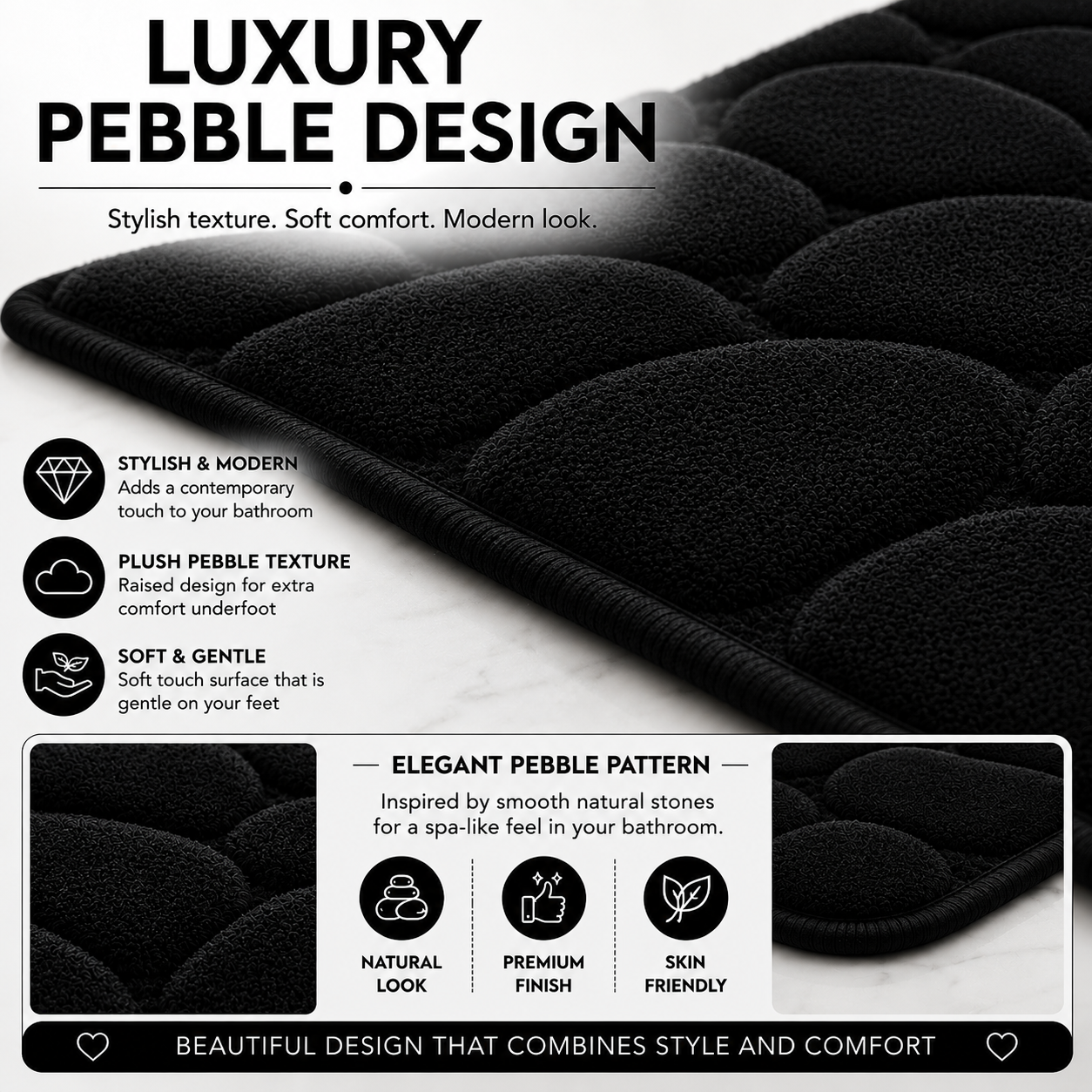 Pebble Stone Bath Mat Set – Soft Absorbent Non Slip Bathroom Rug Set | Night Zone