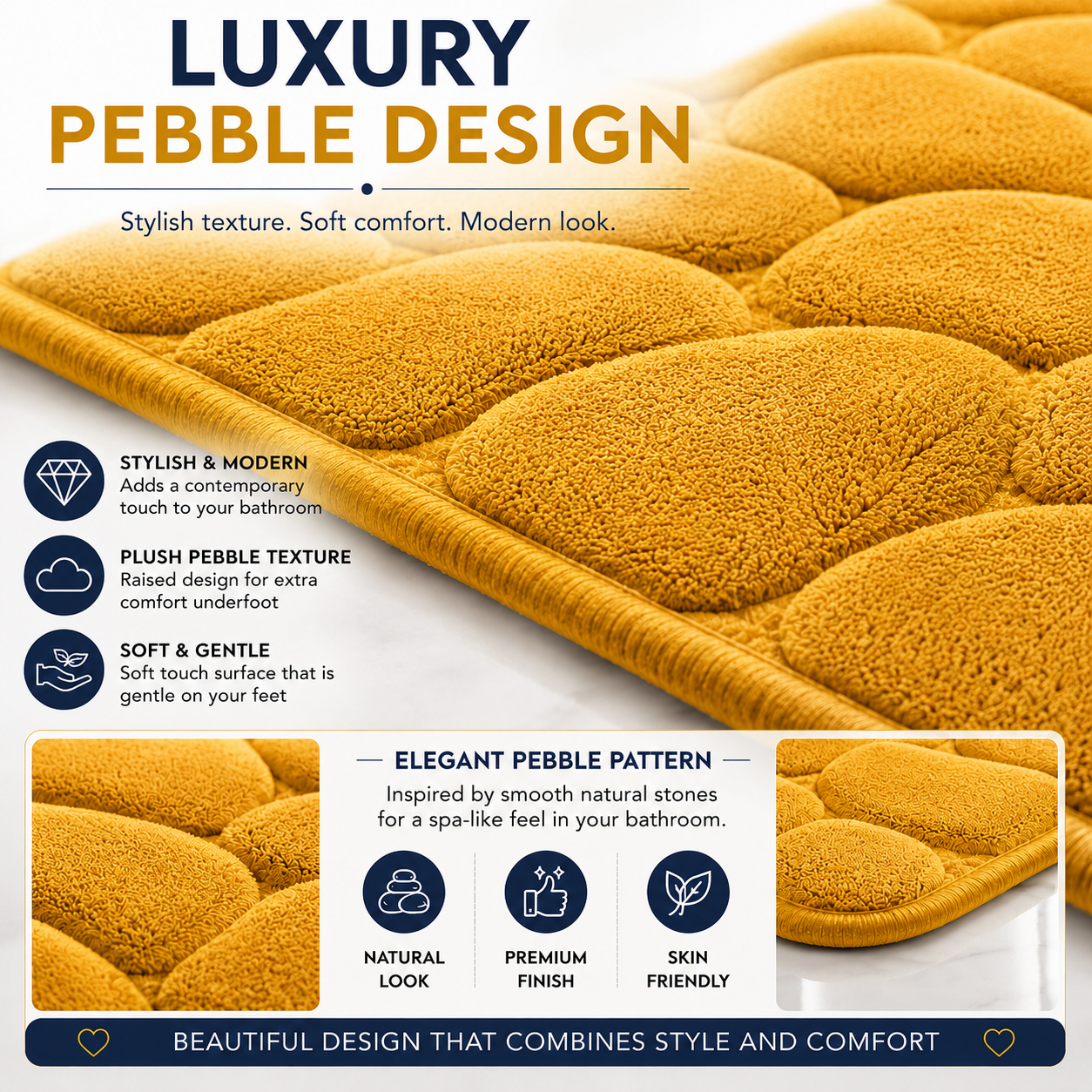 Pebble Stone Bath Mat Set – Soft Absorbent Non Slip Bathroom Rug Set | Night Zone
