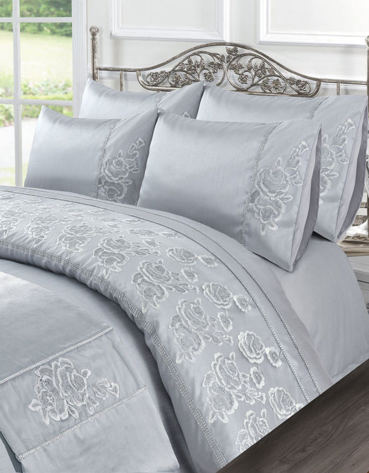 Amara Embroidered Floral Microfibre Duvet Cover Set – Luxury Bedding | Night Zone