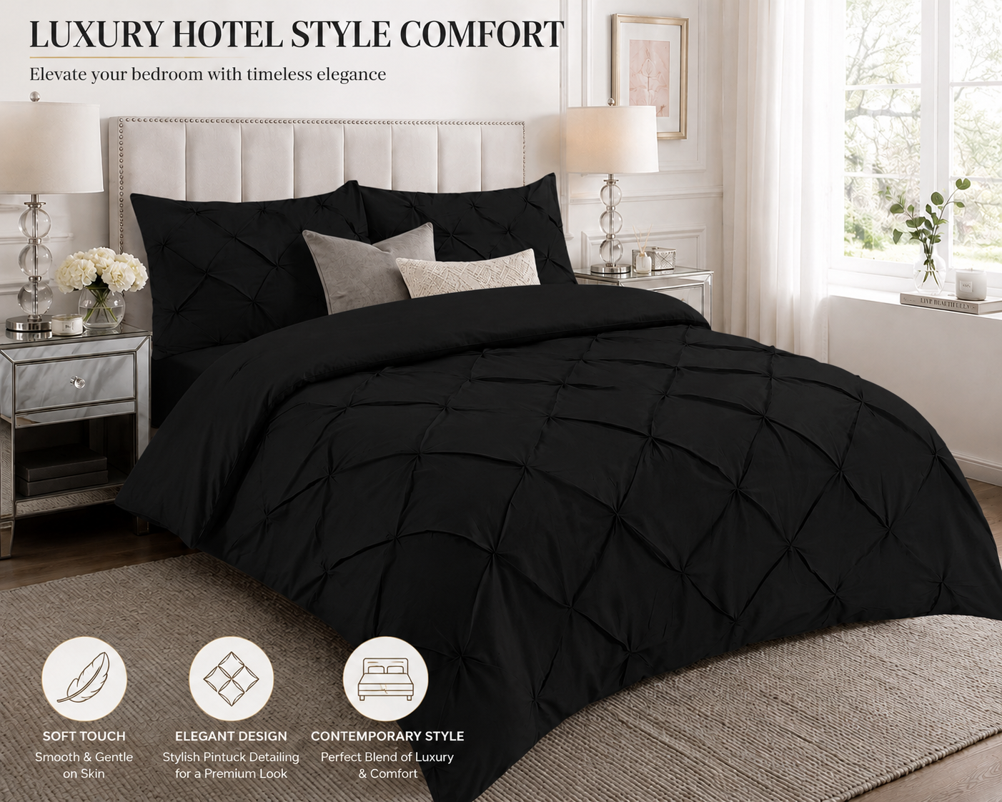 Alexander Pintuck Pinch Pleated Duvet Cover Set – Easy Care Microfibre Bedding | Night Zone