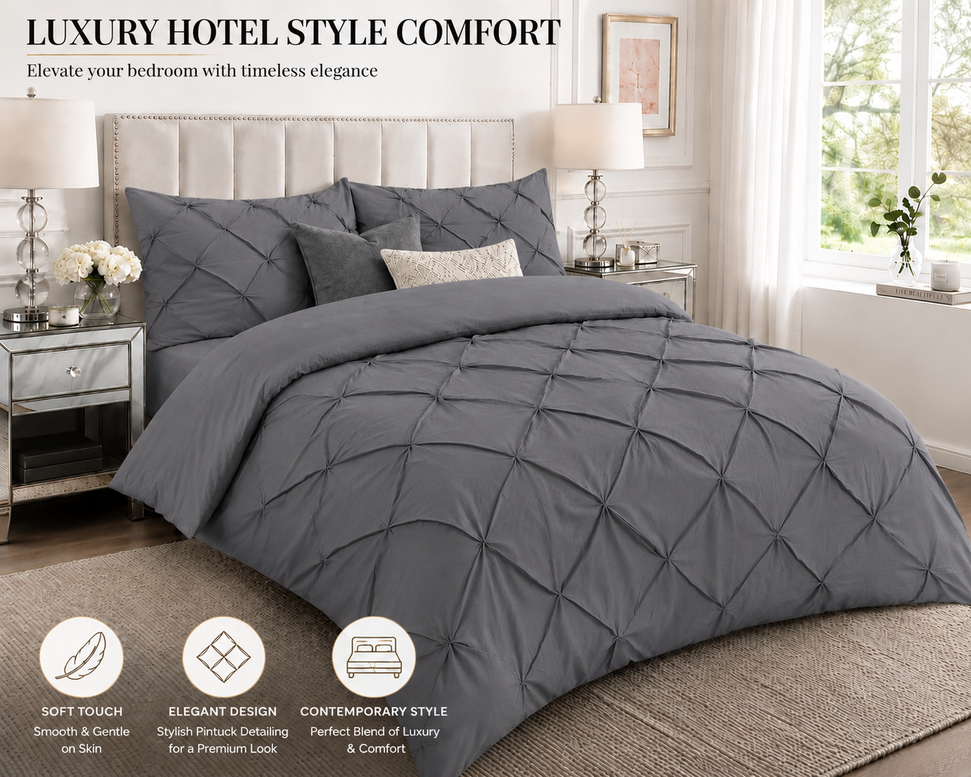 Alexander Pintuck Pinch Pleated Duvet Cover Set – Easy Care Microfibre Bedding | Night Zone