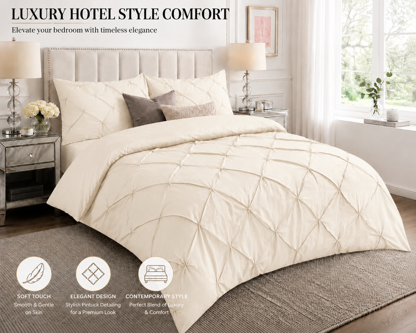 Alexander Pintuck Pinch Pleated Duvet Cover Set – Easy Care Microfibre Bedding | Night Zone