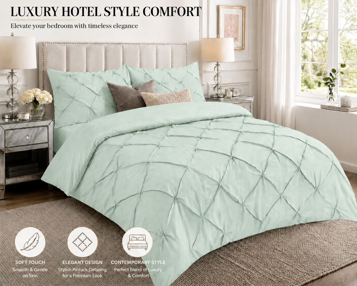 Alexander Pintuck Pinch Pleated Duvet Cover Set – Easy Care Microfibre Bedding | Night Zone