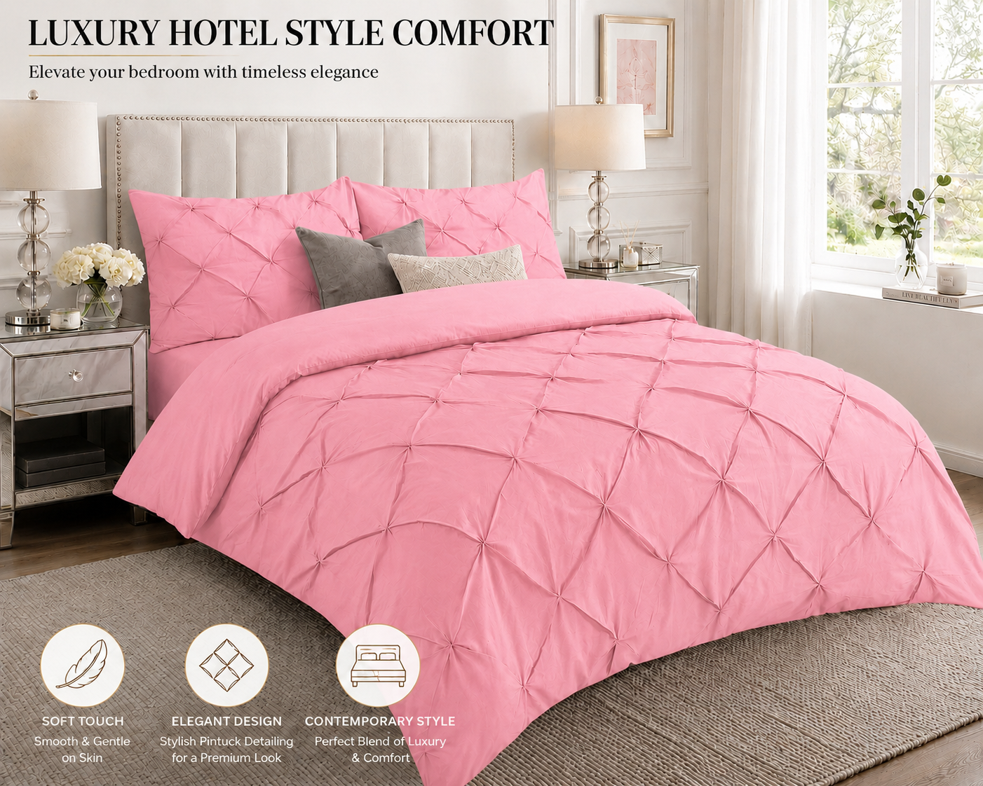 Alexander Pintuck Pinch Pleated Duvet Cover Set – Easy Care Microfibre Bedding | Night Zone