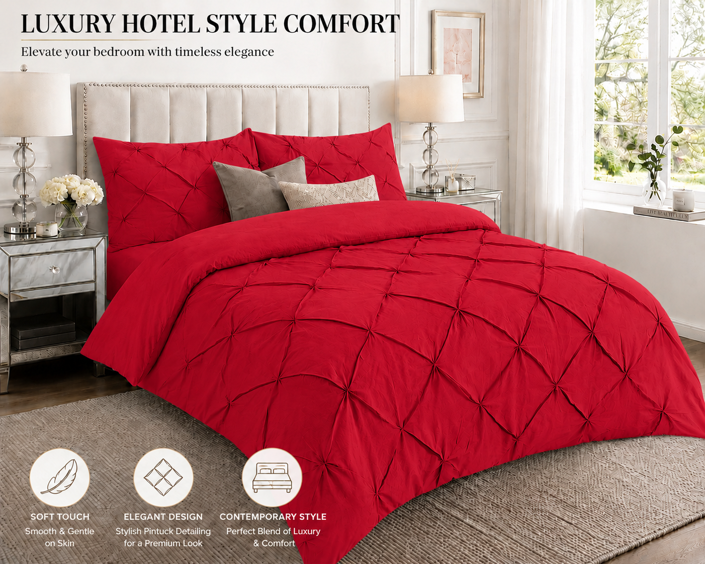 Alexander Pintuck Pinch Pleated Duvet Cover Set – Easy Care Microfibre Bedding | Night Zone