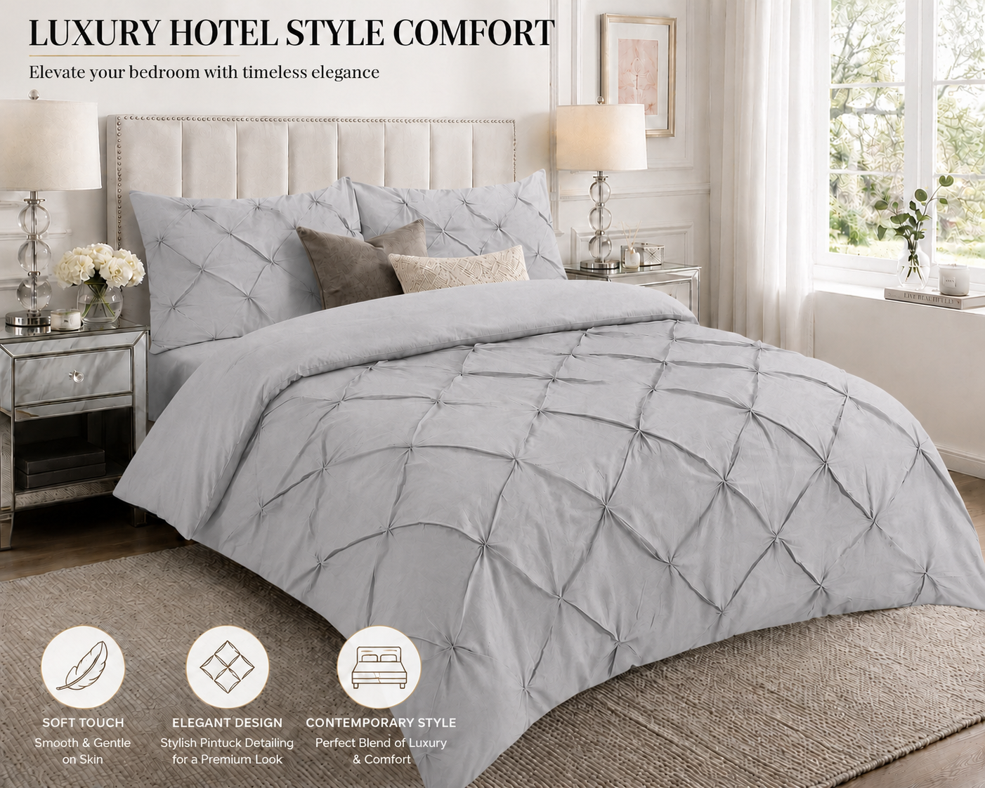 Alexander Pintuck Pinch Pleated Duvet Cover Set – Easy Care Microfibre Bedding | Night Zone