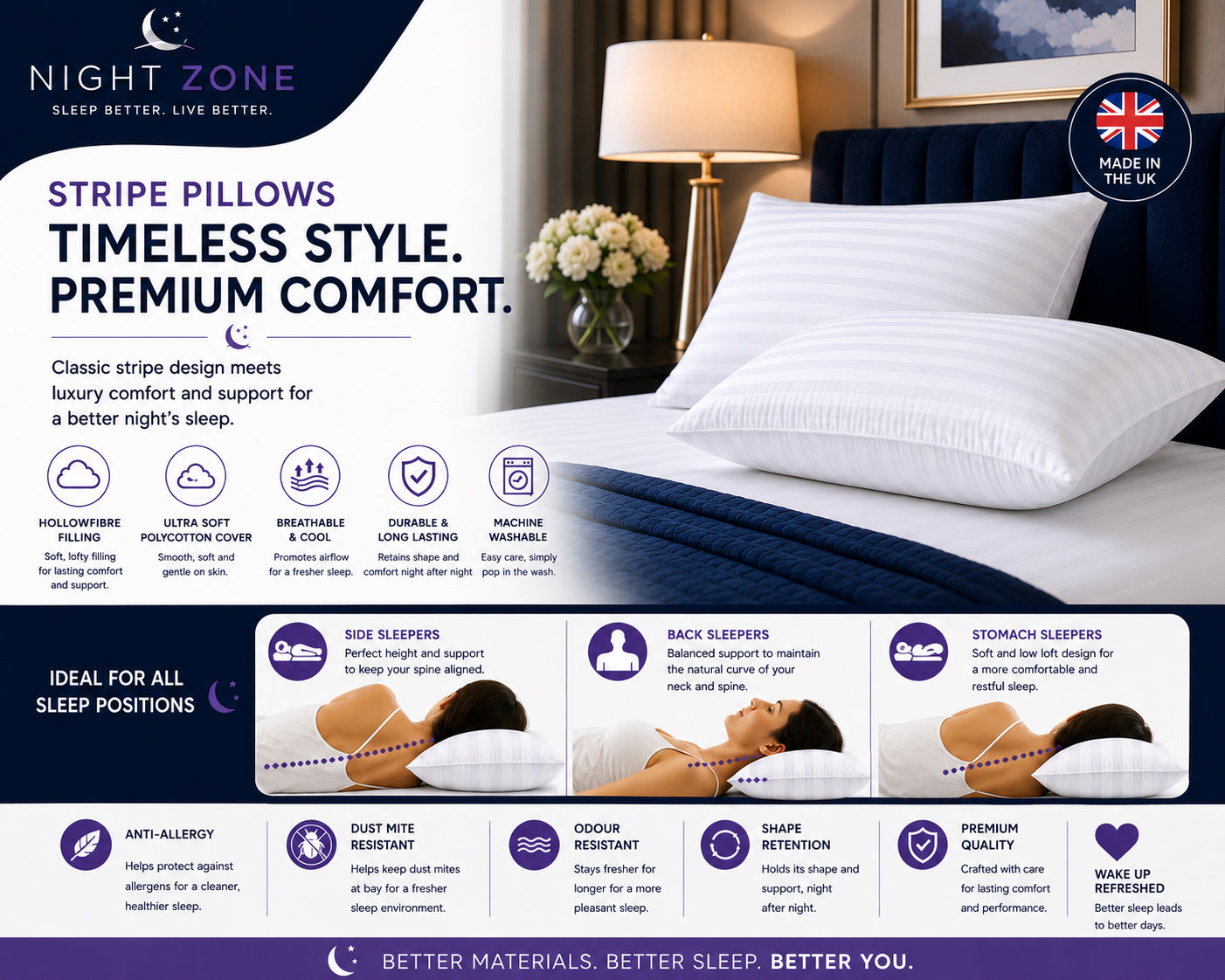 Satin Stripe Pillows – Soft Hollow Fibre Hotel Quality Pillows | Night Zone