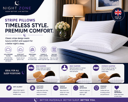 Satin Stripe Pillows – Soft Hollow Fibre Hotel Quality Pillows | Night Zone