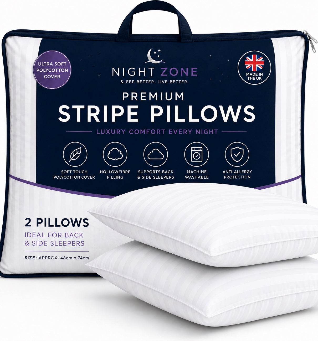 Satin Stripe Pillows – Soft Hollow Fibre Hotel Quality Pillows | Night Zone