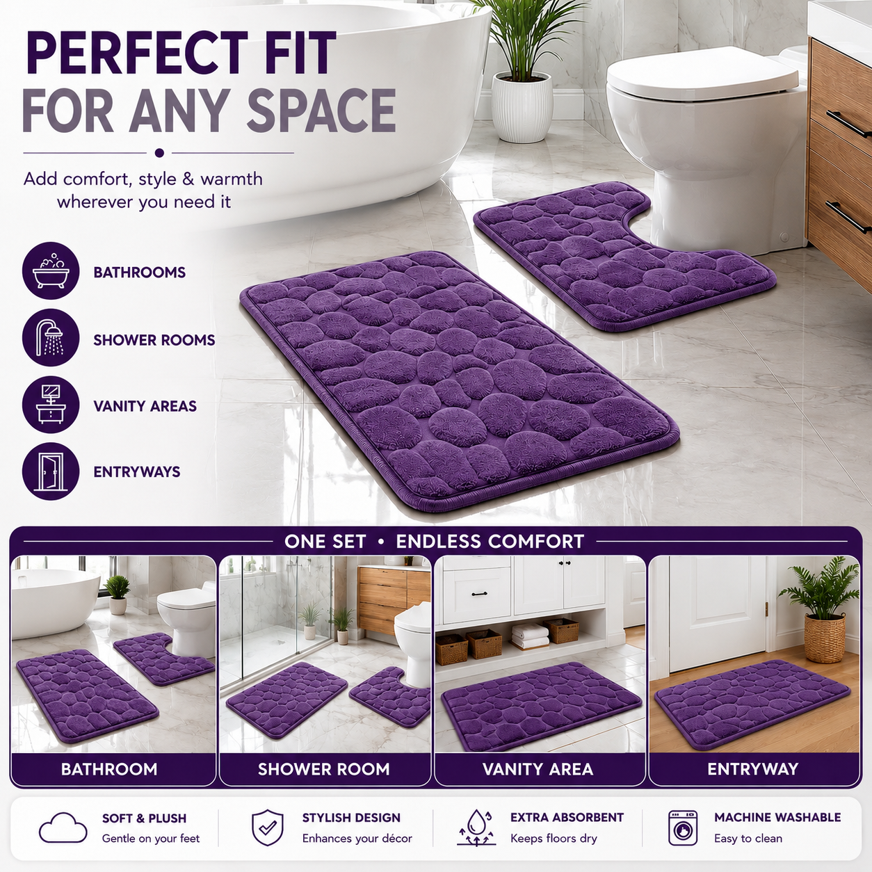 Pebble Stone Bath Mat Set – Soft Absorbent Non Slip Bathroom Rug Set | Night Zone