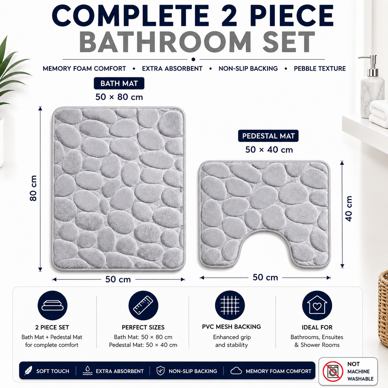 Pebble Stone Bath Mat Set – Soft Absorbent Non Slip Bathroom Rug Set | Night Zone