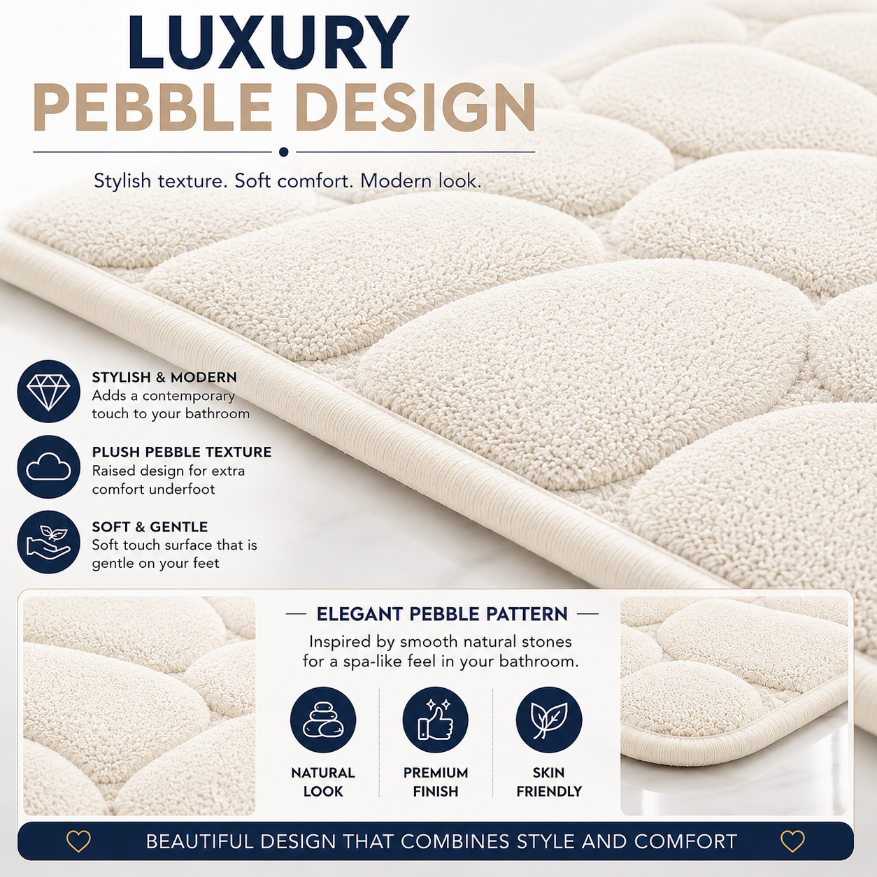 Pebble Stone Bath Mat Set – Soft Absorbent Non Slip Bathroom Rug Set | Night Zone