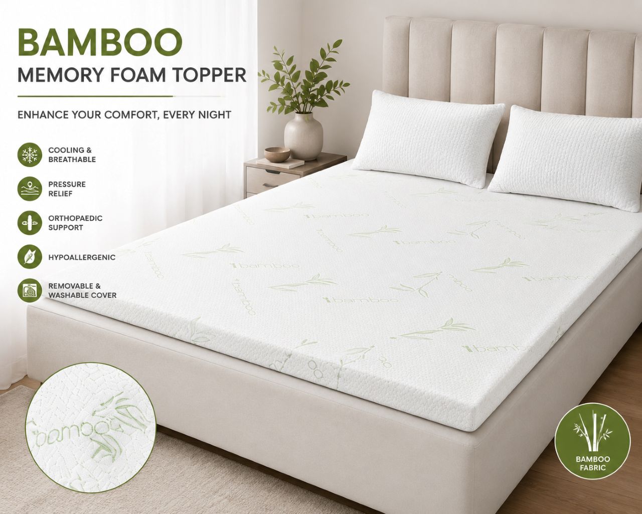 Bamboo Memory Foam Mattress Topper – Orthopaedic Pressure Relief Comfort | Night Zone
