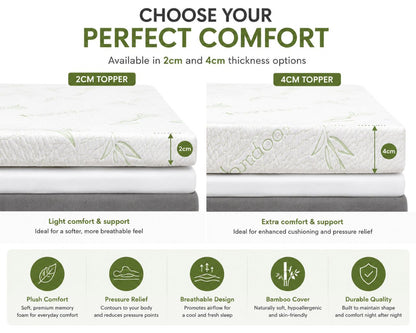 Bamboo Memory Foam Mattress Topper – Orthopaedic Pressure Relief Comfort | Night Zone