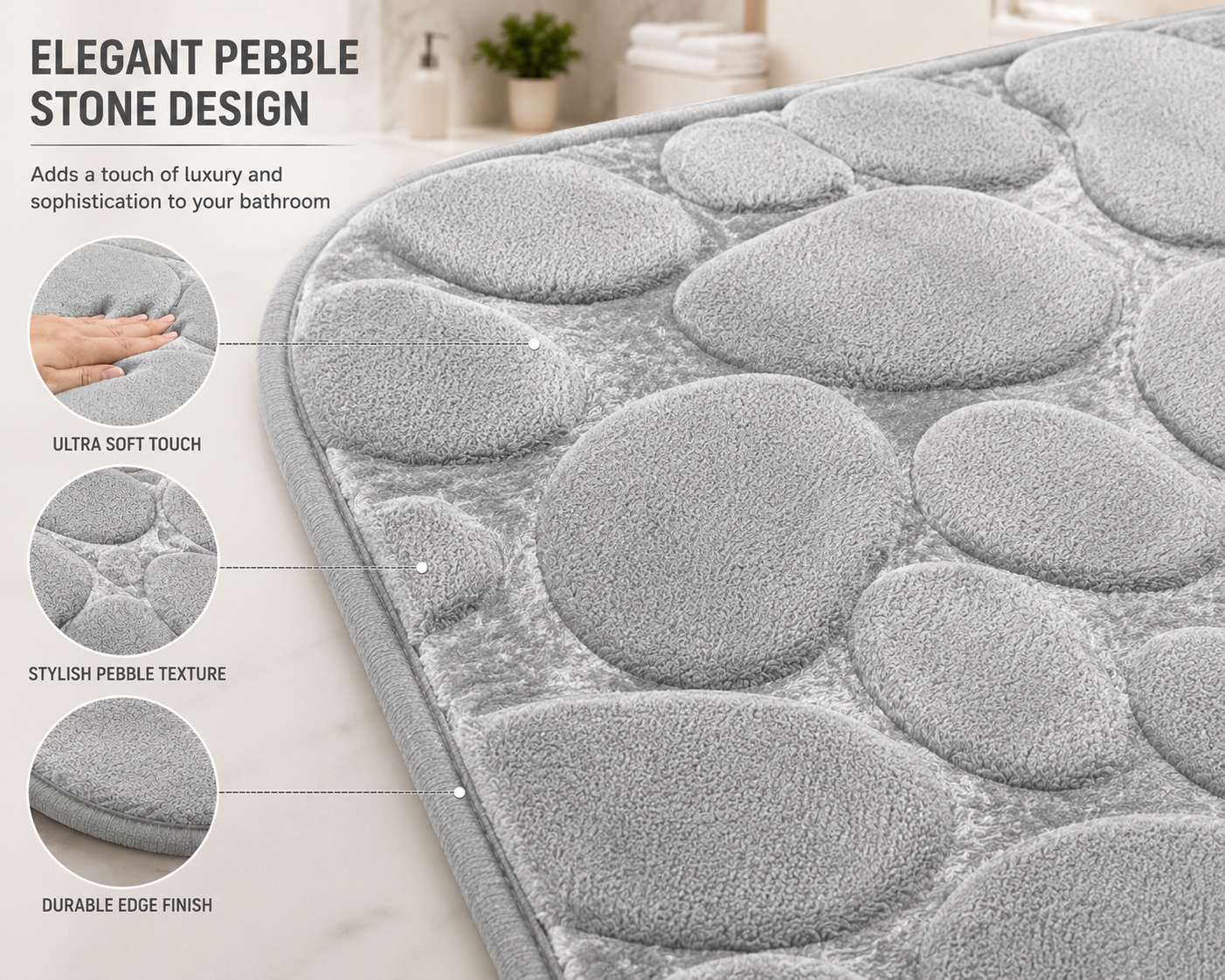 Pebble Stone Bath Mat Set – Soft Absorbent Non Slip Bathroom Rug Set | Night Zone