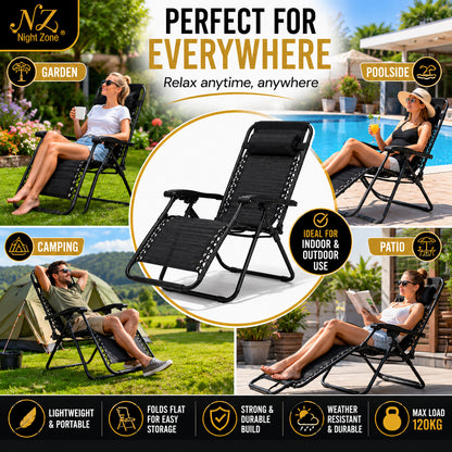 Zero Gravity Folding Sun Lounger Chair – Adjustable Reclining Garden Chair with Headrest | Night Zone