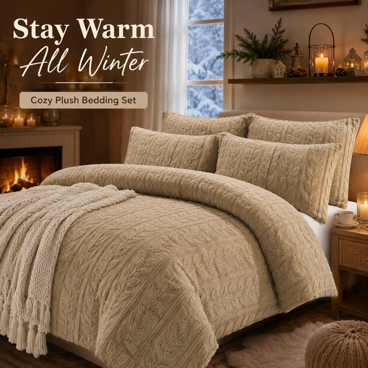 Embossed Leaf Teddy Fleece Duvet Cover Set – Super Soft Warm Plush Winter Bedding with Pillowcases | Night Zone