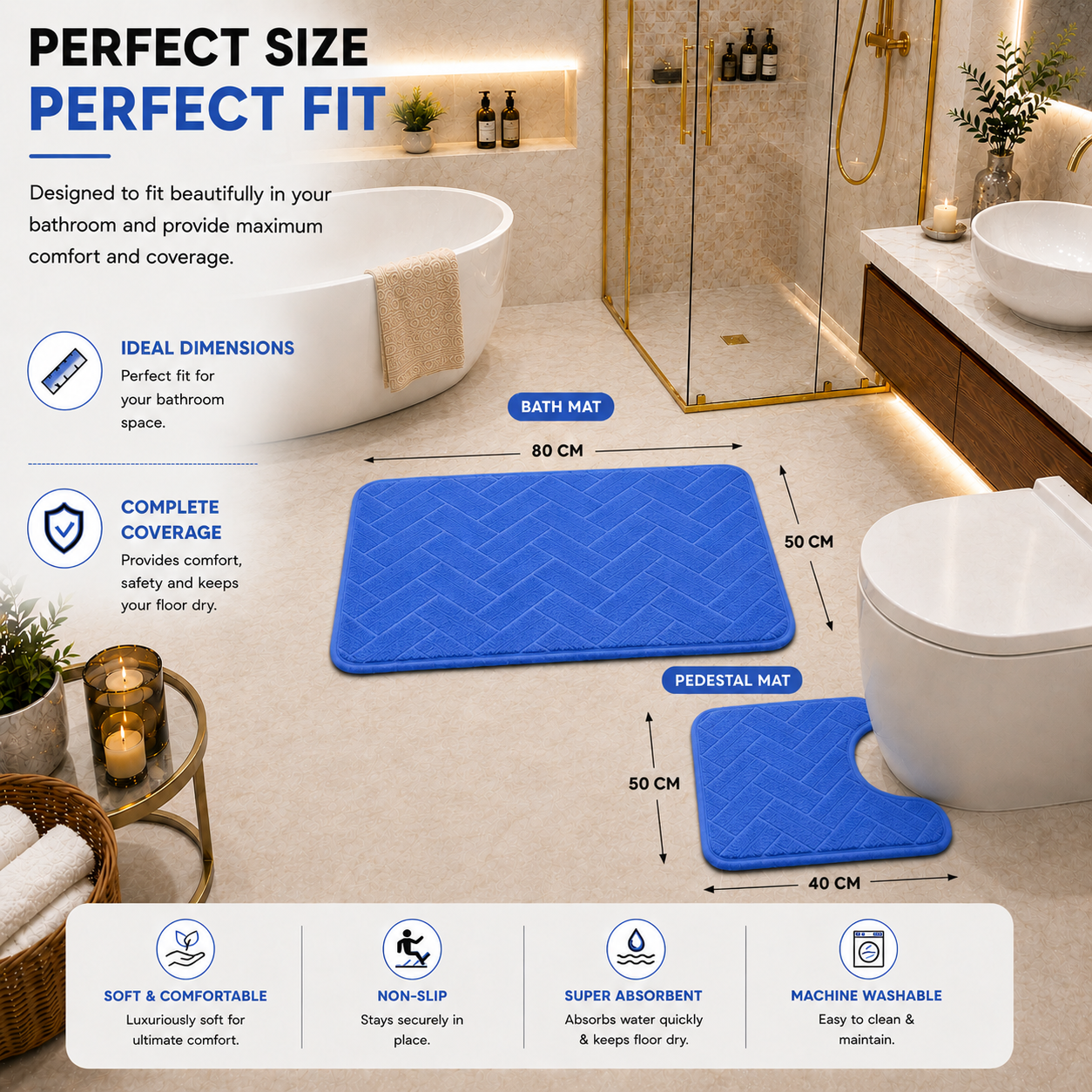 Memory Foam Bath Mat Set – Block Bricks Non Slip Bathroom Rug | Night Zone