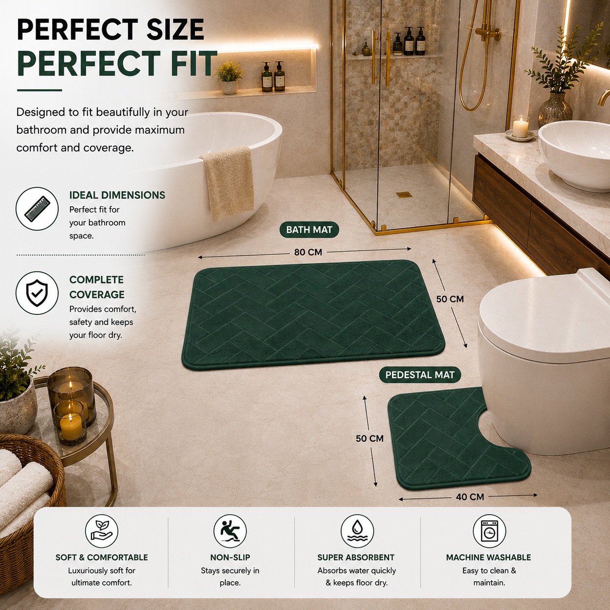 Memory Foam Bath Mat Set – Block Bricks Non Slip Bathroom Rug | Night Zone