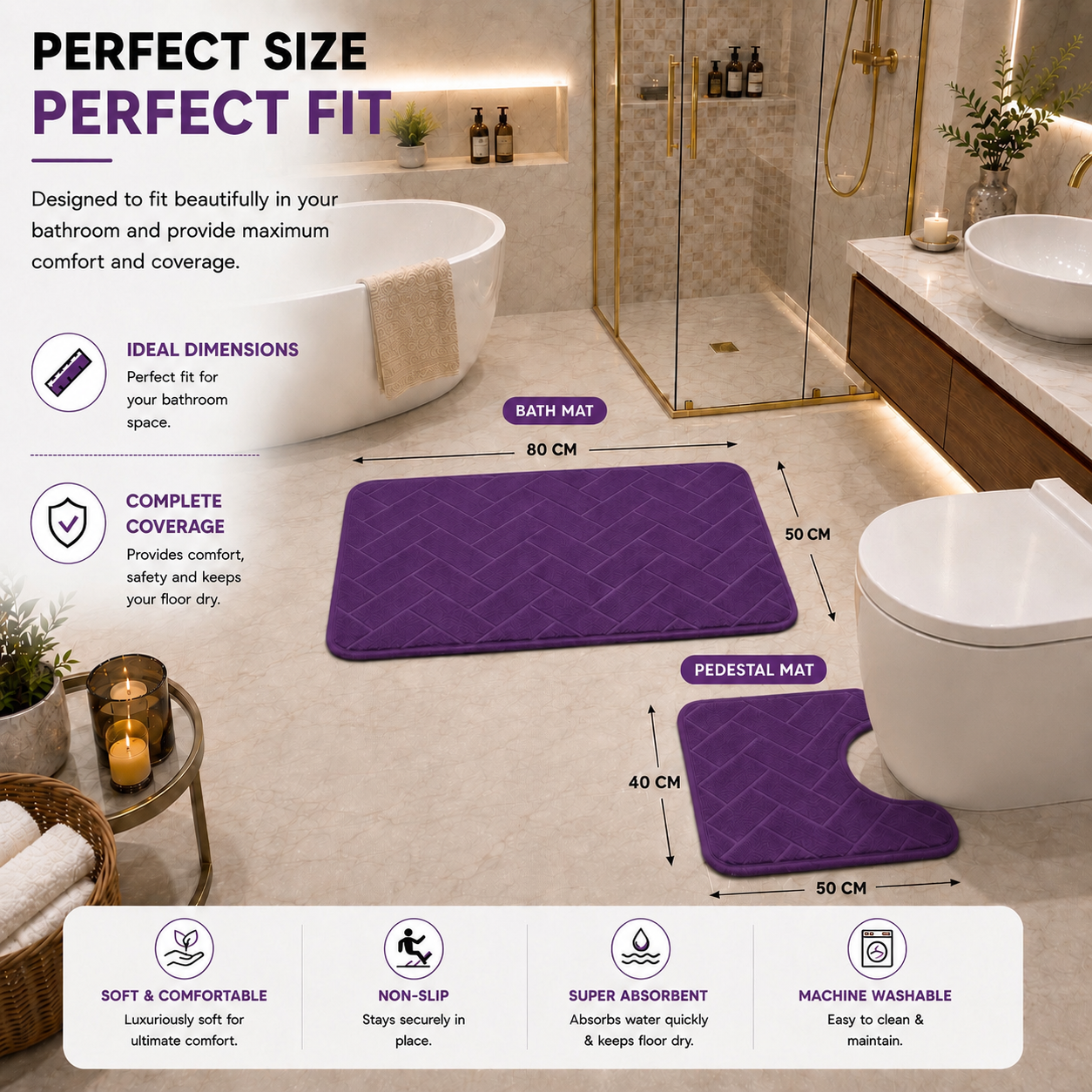 Memory Foam Bath Mat Set – Block Bricks Non Slip Bathroom Rug | Night Zone