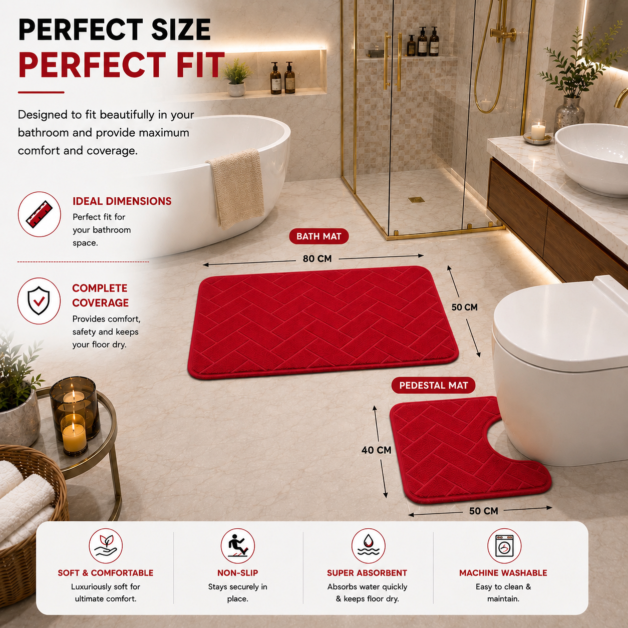 Memory Foam Bath Mat Set – Block Bricks Non Slip Bathroom Rug | Night Zone