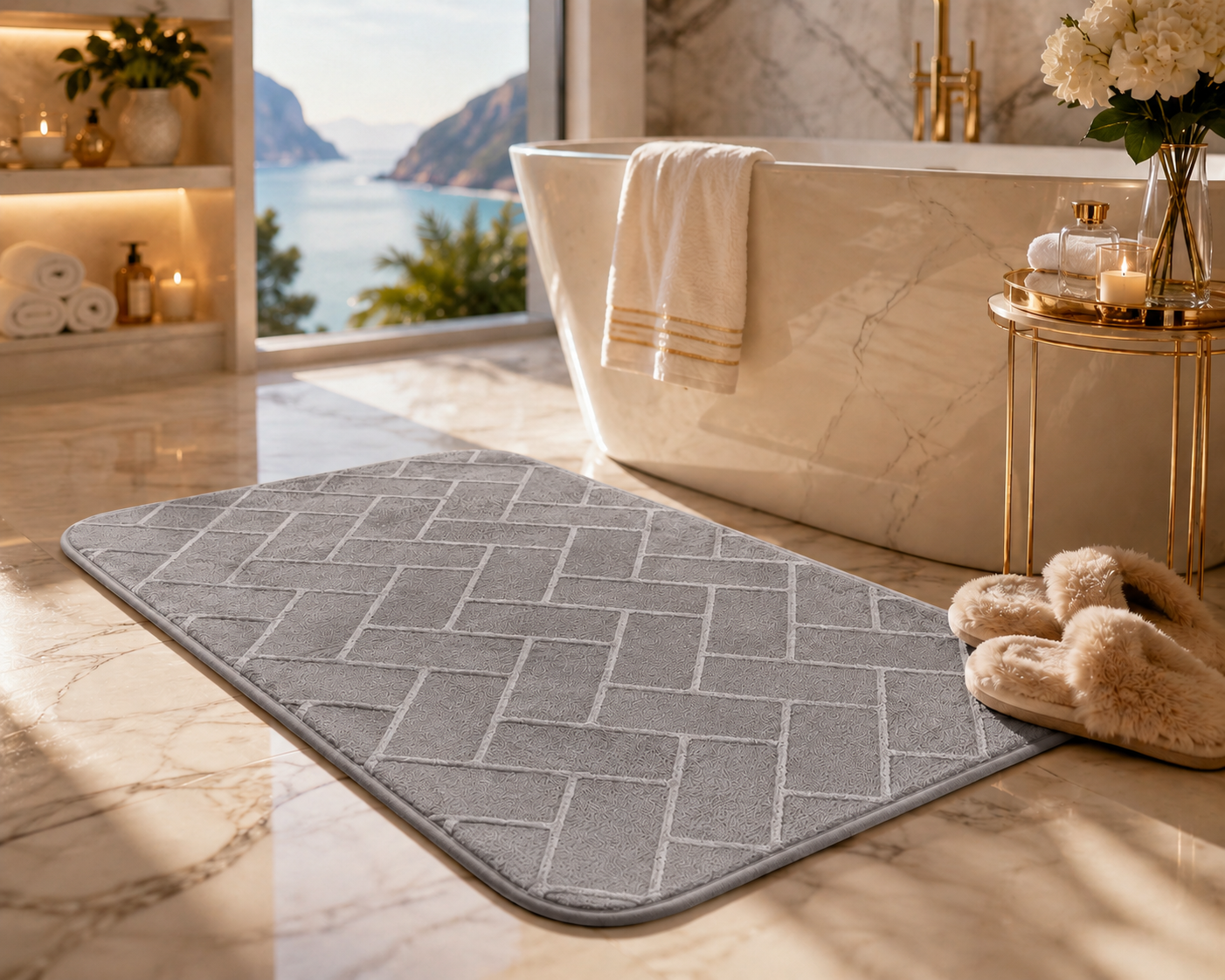 Memory Foam Bath Mat Set – Block Bricks Non Slip Bathroom Rug | Night Zone