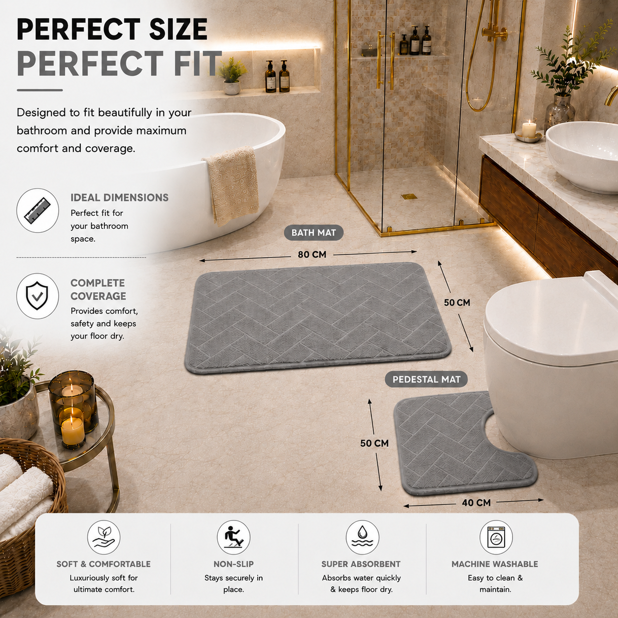 Memory Foam Bath Mat Set – Block Bricks Non Slip Bathroom Rug | Night Zone
