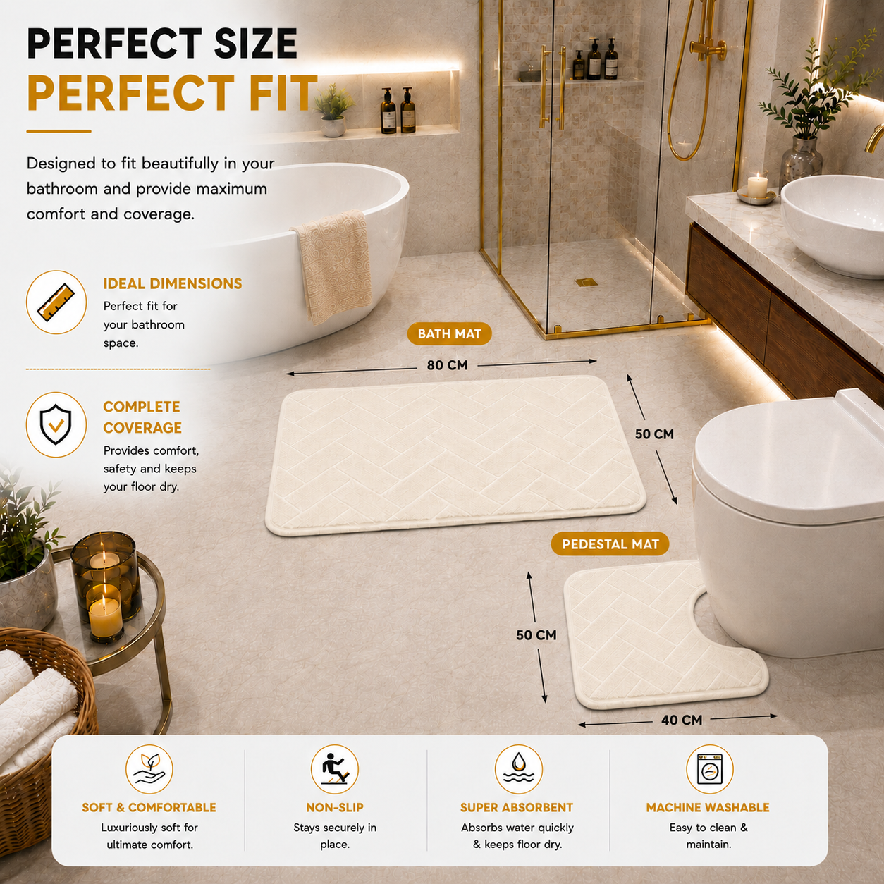 Memory Foam Bath Mat Set – Block Bricks Non Slip Bathroom Rug | Night Zone