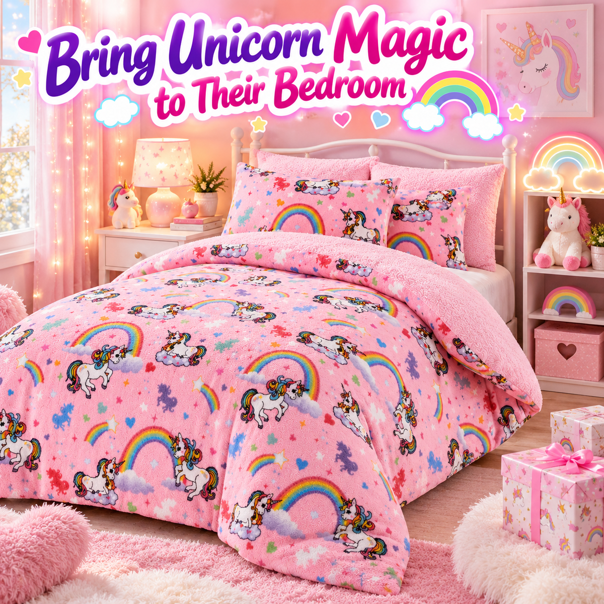 Unicorn Teddy Bear Fleece Duvet Cover Set – Pink Soft Cosy Bedding | Night Zone