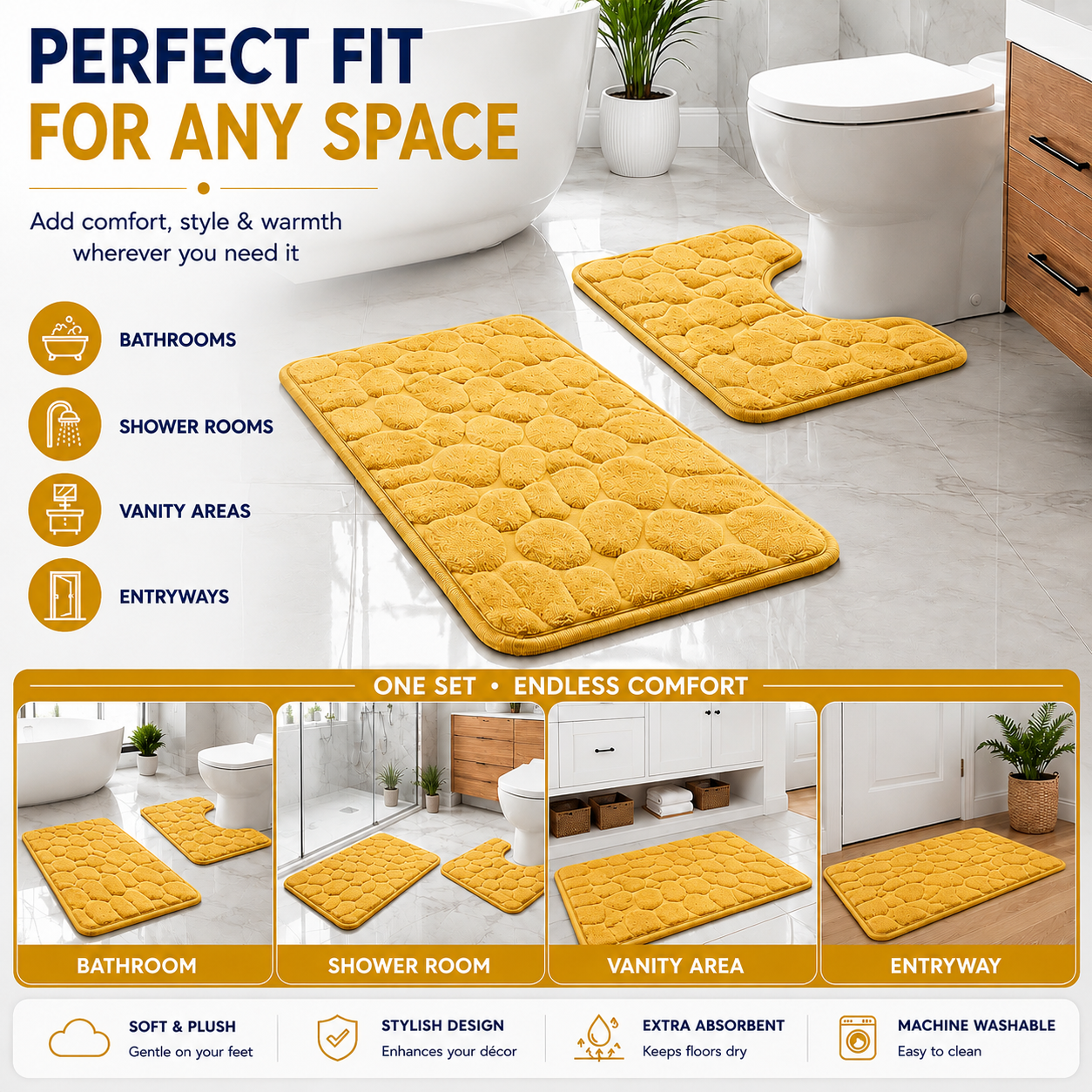 Pebble Stone Bath Mat Set – Soft Absorbent Non Slip Bathroom Rug Set | Night Zone