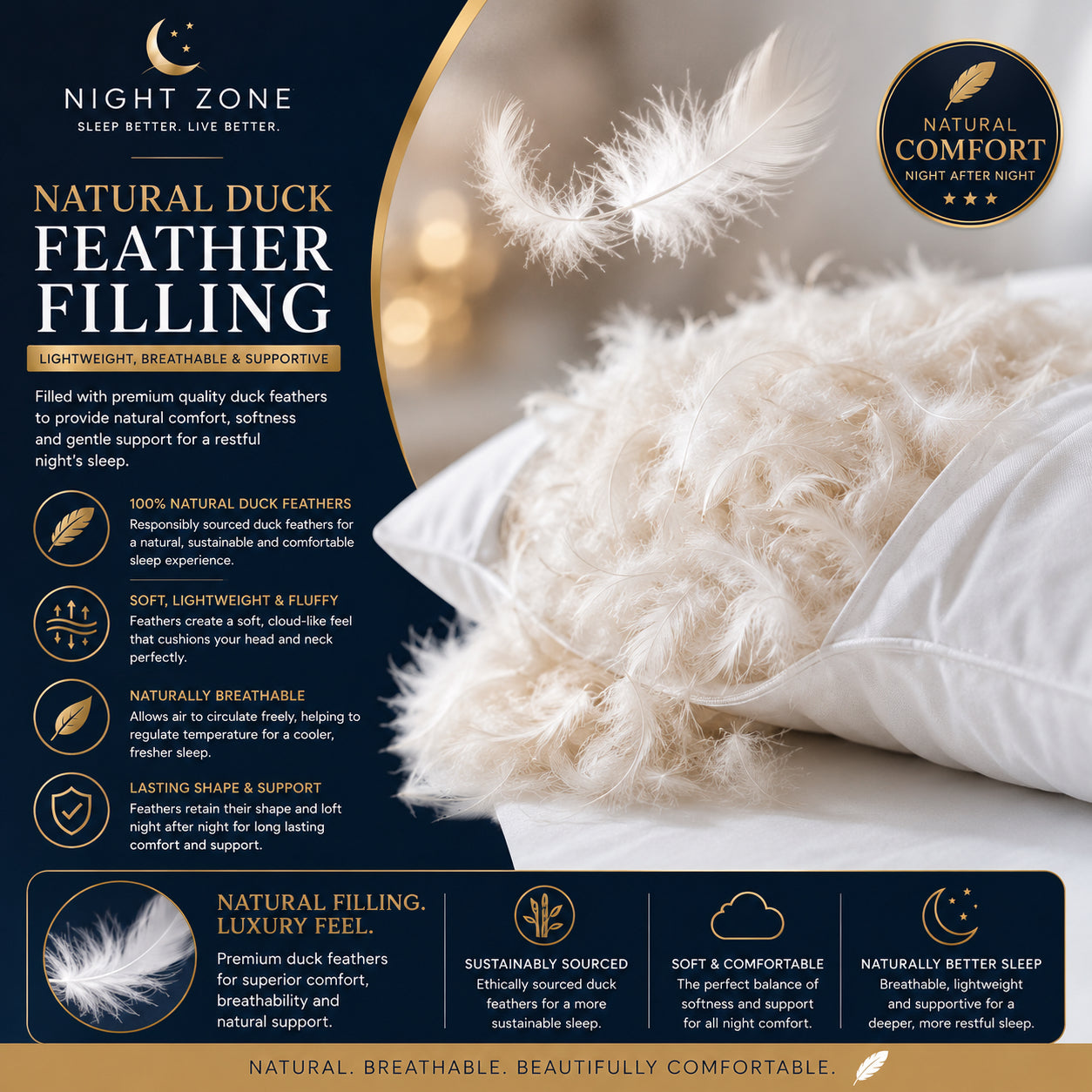 Duck Feather & Down Pillows Pair – 85% Feather 15% Down Filling with 100% Cotton Cover | Night Zone