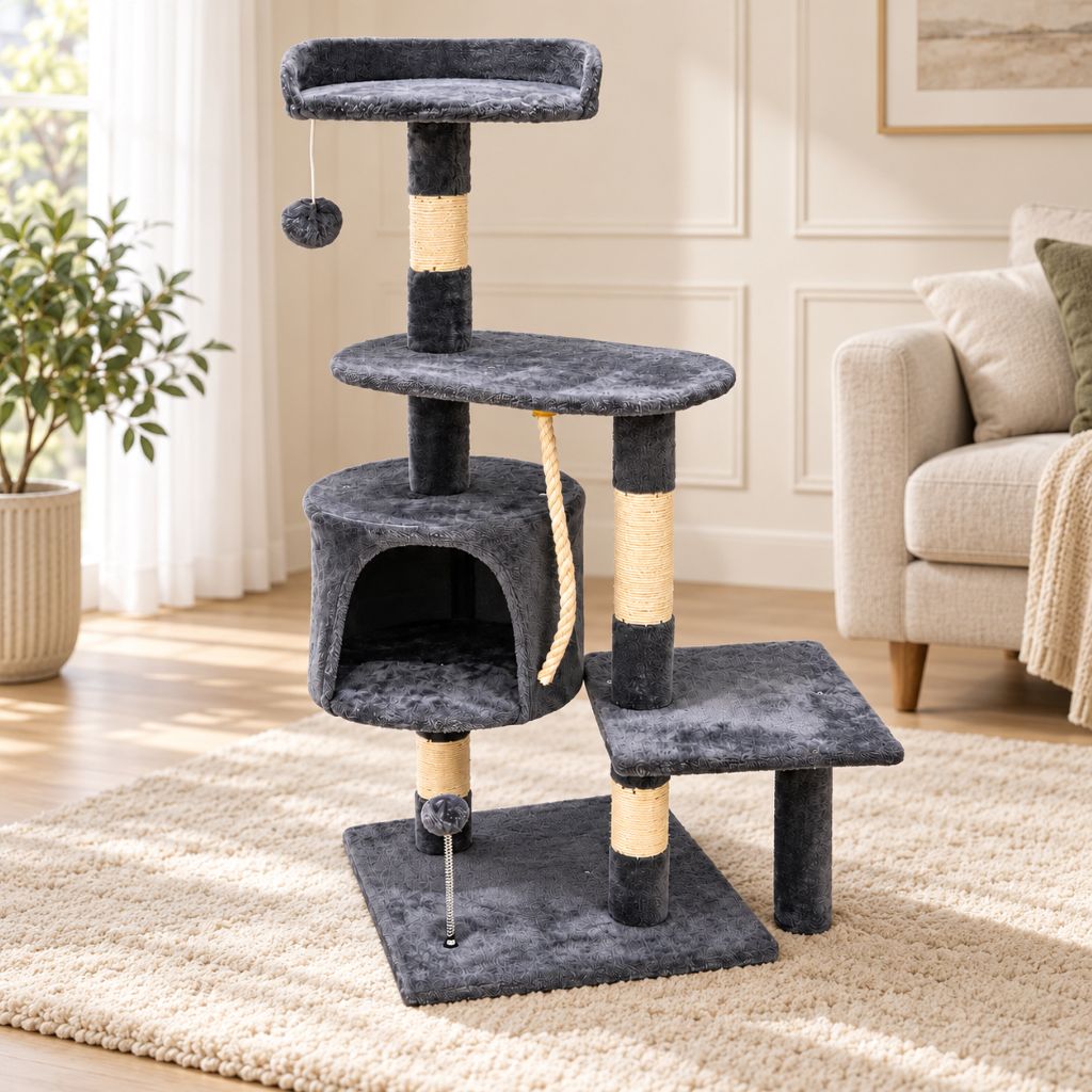 Grey Velvet Cat Tree with Scratching Posts & Hideaway | Night Zone