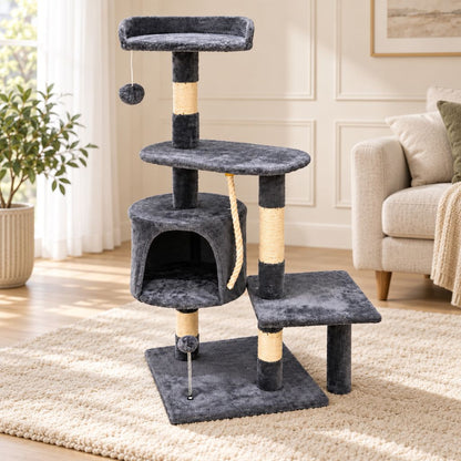 Grey Velvet Cat Tree with Scratching Posts & Hideaway | Night Zone