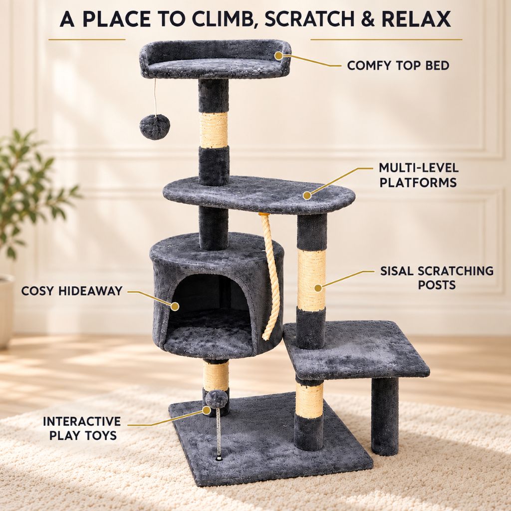 Grey Velvet Cat Tree with Scratching Posts & Hideaway | Night Zone