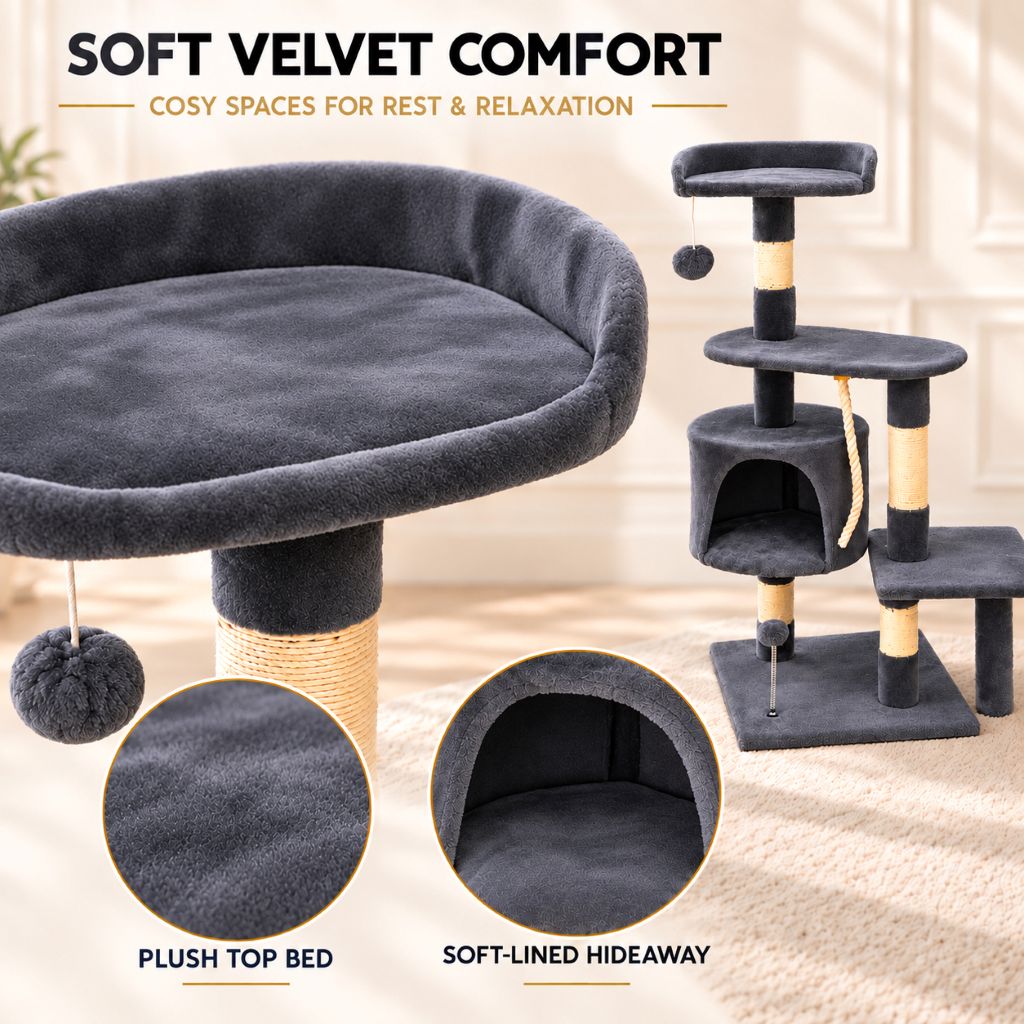 Grey Velvet Cat Tree with Scratching Posts & Hideaway | Night Zone