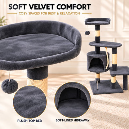Grey Velvet Cat Tree with Scratching Posts & Hideaway | Night Zone