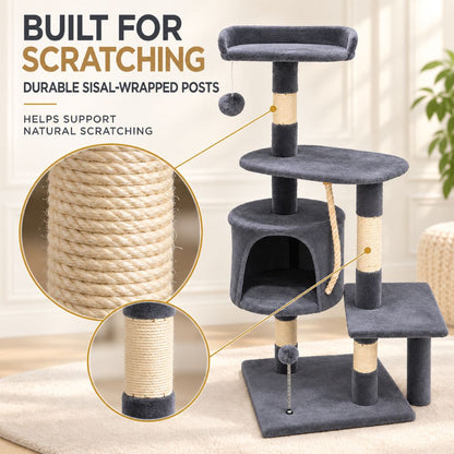 Grey Velvet Cat Tree with Scratching Posts & Hideaway | Night Zone