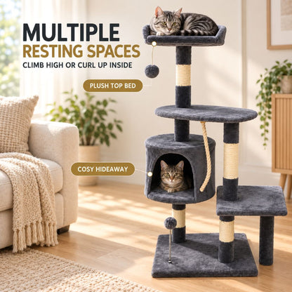 Grey Velvet Cat Tree with Scratching Posts & Hideaway | Night Zone
