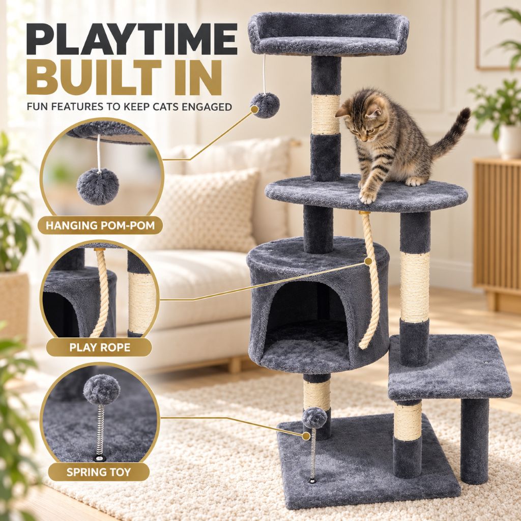 Grey Velvet Cat Tree with Scratching Posts & Hideaway | Night Zone