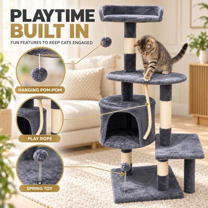 Grey Velvet Cat Tree with Scratching Posts & Hideaway | Night Zone