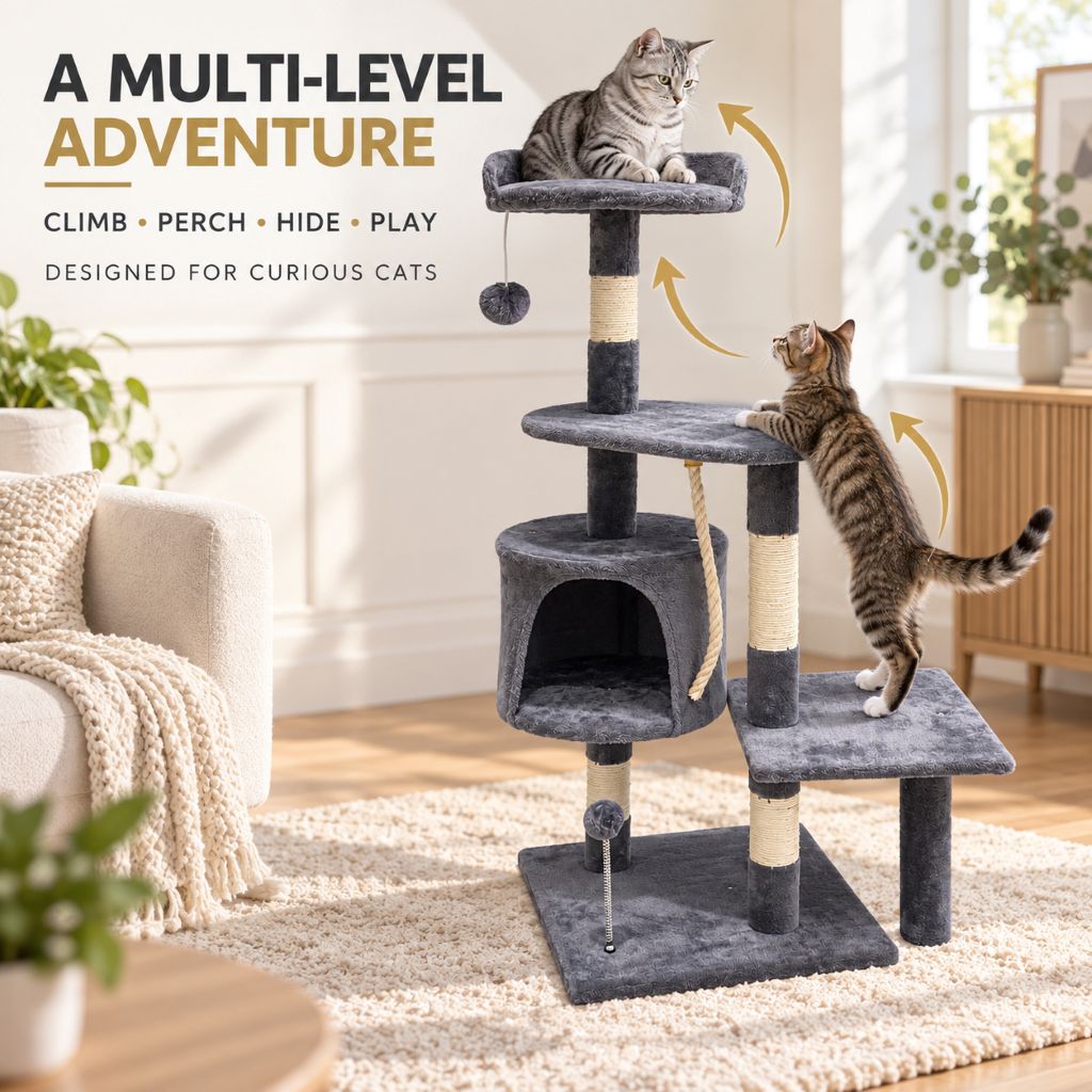 Grey Velvet Cat Tree with Scratching Posts & Hideaway | Night Zone