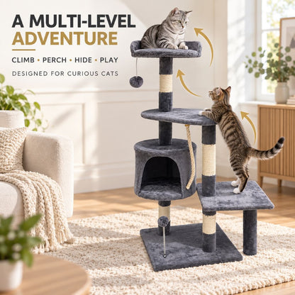 Grey Velvet Cat Tree with Scratching Posts & Hideaway | Night Zone