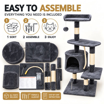 Grey Velvet Cat Tree with Scratching Posts & Hideaway | Night Zone