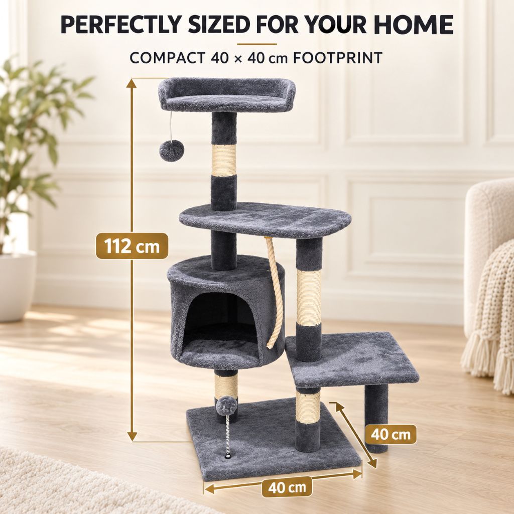 Grey Velvet Cat Tree with Scratching Posts & Hideaway | Night Zone