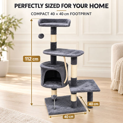 Grey Velvet Cat Tree with Scratching Posts & Hideaway | Night Zone
