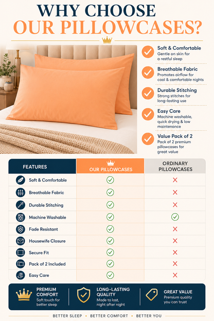 Housewife Polycotton Pillowcases Pair – Luxury Plain Dyed Easy Care Bedding | Night Zone