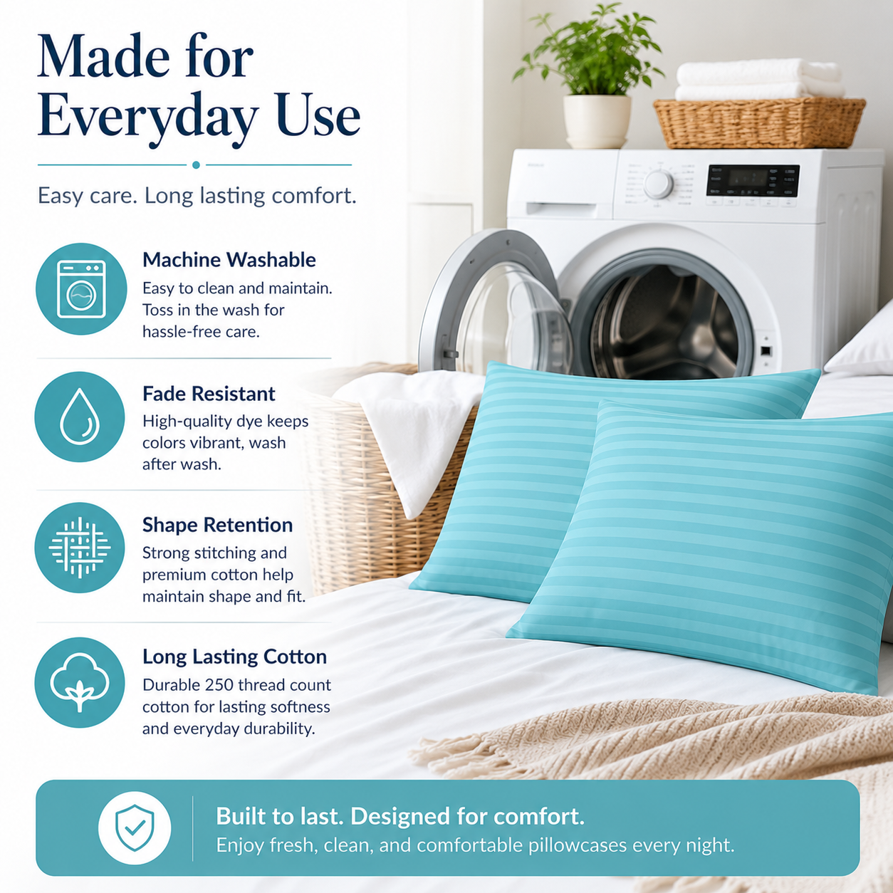 250 Thread Count Stripe Pillowcase Set – 100% Cotton Hotel Quality Bedding | Night Zone