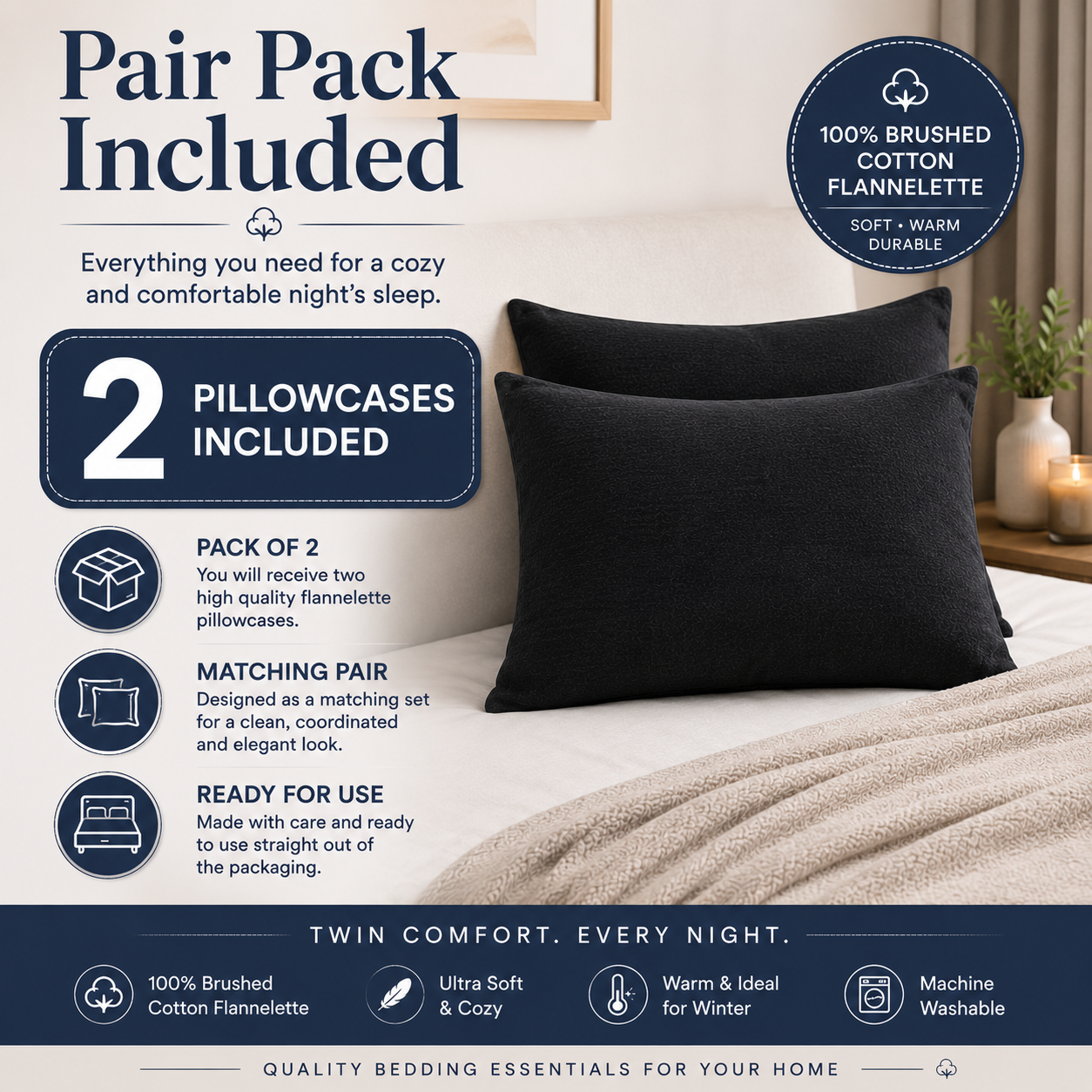 Flannelette Pillow Cases – 100% Brushed Cotton Soft Warm Bedding | Night Zone
