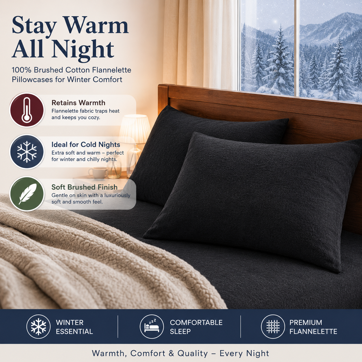 Flannelette Pillow Cases – 100% Brushed Cotton Soft Warm Bedding | Night Zone