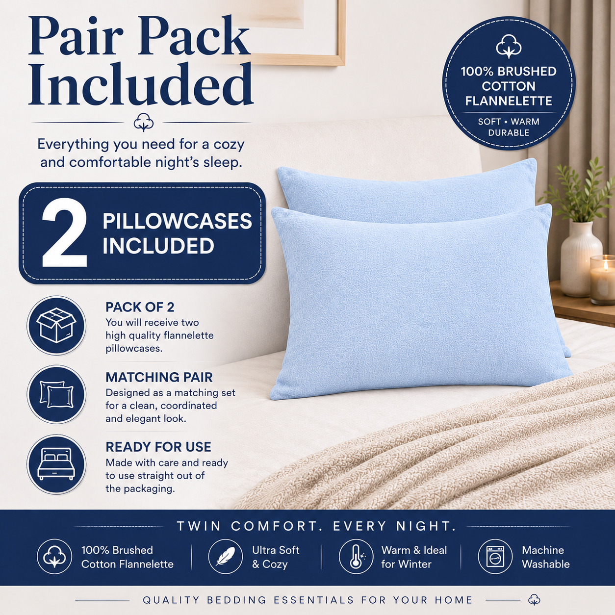 Flannelette Pillow Cases – 100% Brushed Cotton Soft Warm Bedding | Night Zone